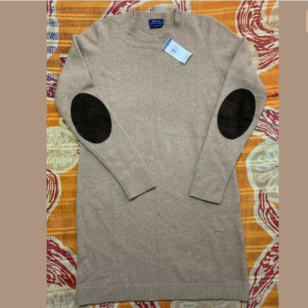 Polo by Ralph Lauren Taupe Long Sleeve Sweater Dress with Black Elbow Patches